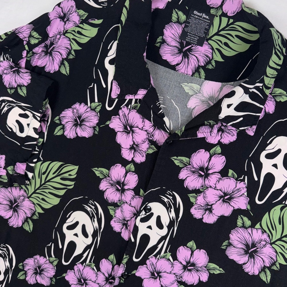 Bioworld Ghostface Button Down Shirt Mens 3XL Black Purple Floral Scream Horror